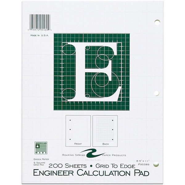 Roaring Spring 5x5 Grid Engineering Pad, 15 Green, 3 Hole Punched, Green ROA95589 - main
