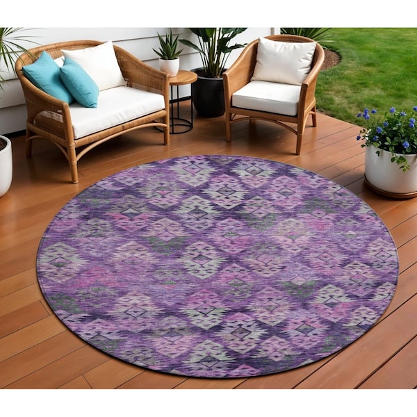Homeroots 8' Eggplant Plum And Lavender Round Aztec Washable Indoor Outdoor Area Rug 615778 - main
