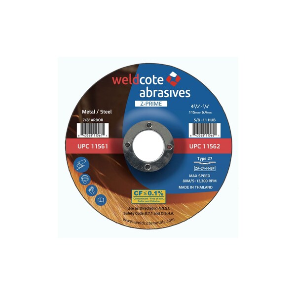 Weldcote Right Angle Grinder Wheels, Grinding, Zirconia - PRIME, 6-1/4in x 1/4in x 7/8, 25PK 11565 - main