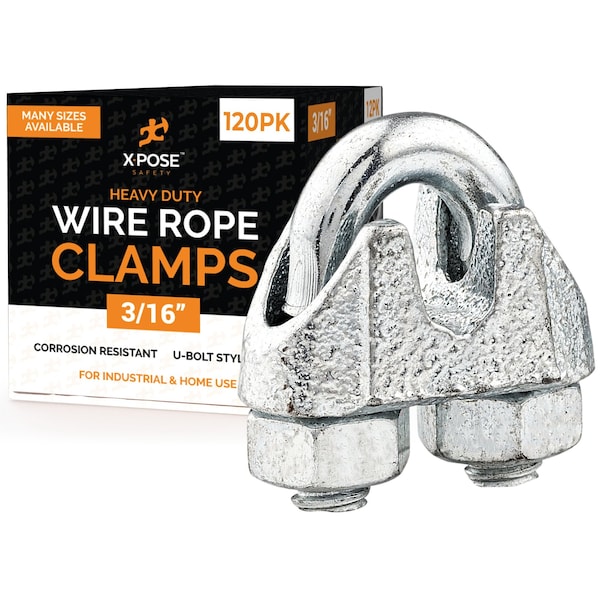Xpose Safety Wire Rope Clamp for Stainless Steel 3/16in Galvanized U Bolt Cable Clips, 120PK GCC316-120-X-S - main