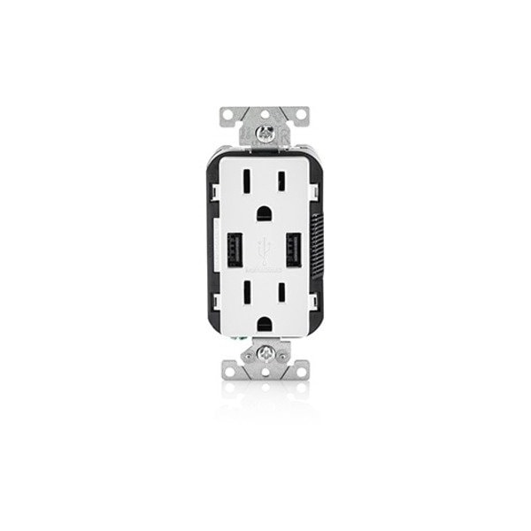Leviton USB Charger/Duplex Tamper-Resistant Receptacle, 3.6/15 Amp, 125 Volt, NEMA 5-15R, White T5632-W - main