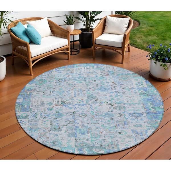 Homeroots 8' Blue And Silver Round Patchwork Washable Indoor Outdoor Area Rug 631421 - main