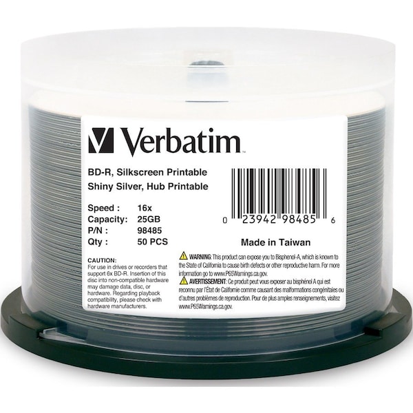Verbatim Verbatim BD-R 25GB 6X Shiny Silver Silk Screen Printable, Hub Printable - 50pk Spindle - 120mm 98485 - main