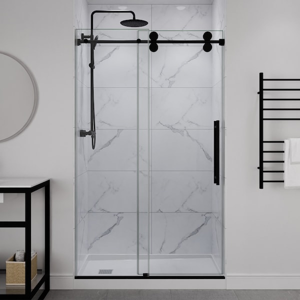 Anzzi 48in x 76in Frameless Shower Door with Sliding in Matte Black with Tsunami Tempered Clear Glass SD-FRLS06101MB - main