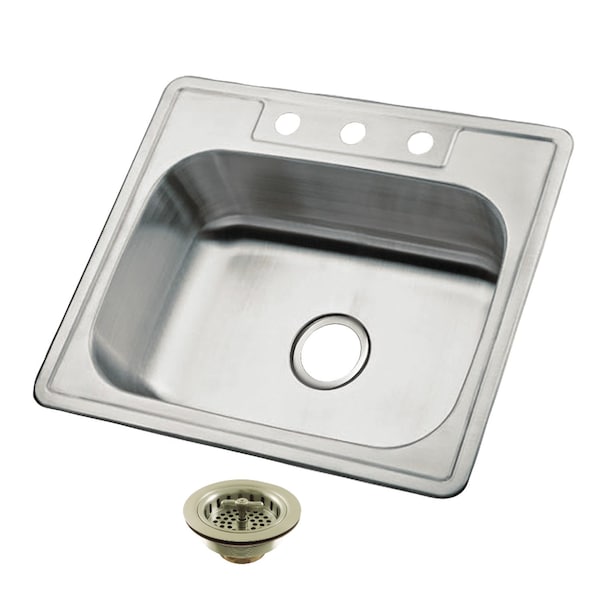 Kingston Brass 25-Inch Stainless Steel Self-Rimming Single Bowl Drop-In Kitchen Sink, 3-Hole with Strainer K25228BN8 - main