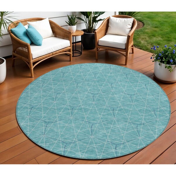 Homeroots 8' Teal Blue Black And Ivory Round Geometric Washable Indoor Outdoor Area Rug 596772 - main