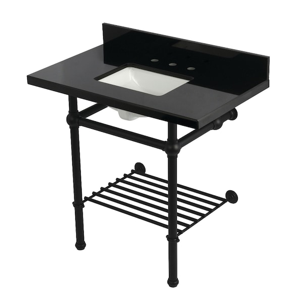 Kingston Brass 36" Black Granite Console Sink with Brass Legs and Shelf, 8-Inch, 3-Hole, Black Granite/Matte Black KVPK36KBSQB0 - main