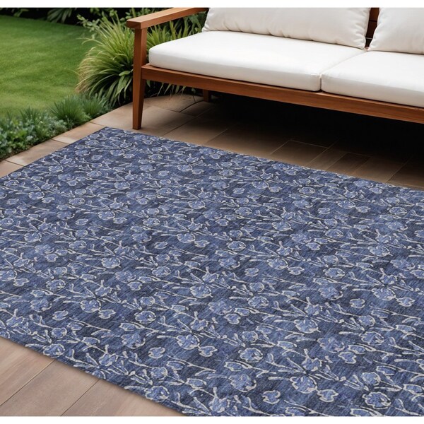 Homeroots 9' X 12' Navy Blue Denim Blue And Ivory Floral Washable Indoor Outdoor Area Rug 581910 - main