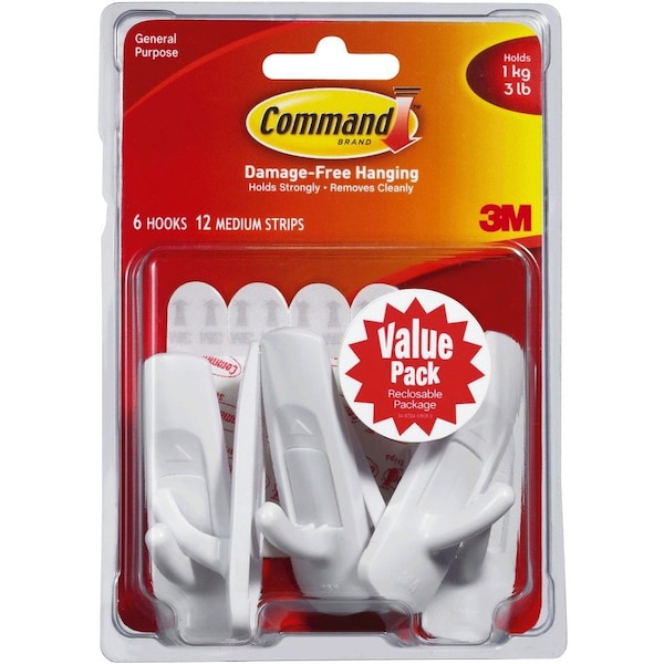 Command Utility Hook, 78 in Opening, 3 lb, 6Hook, Plastic, White 17001-VP-6PK - main