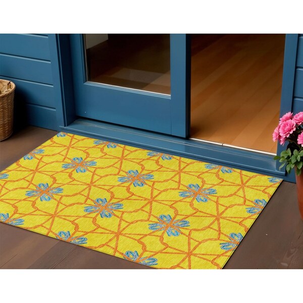 Homeroots 3' X 5' Yellow And Teal Blue Geometric Washable Indoor Outdoor Area Rug 613452 - main