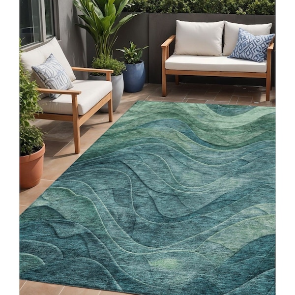 Homeroots 5' X 8' Teal Blue And Green Abstract Washable Indoor Outdoor Area Rug 618179 - main