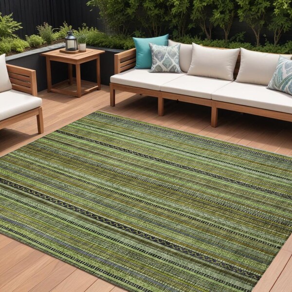 Homeroots 9' X 12' Green Gold And Gray Striped Washable Indoor Outdoor Area Rug 616374 - main