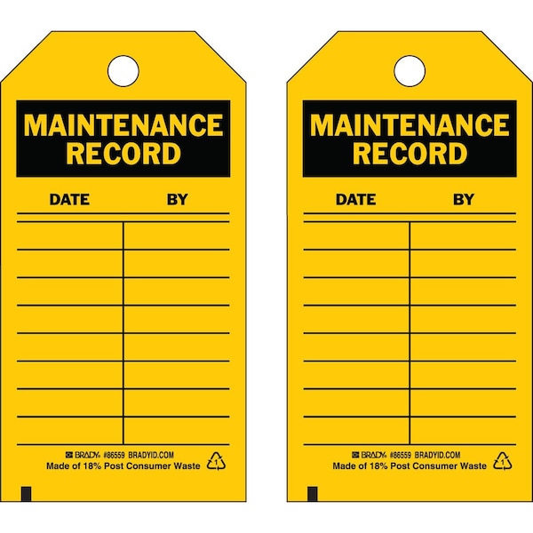 Brady Tag MAINTENANCE RECORD Polyester 5.75 x 3 Black on Yellow 10/PK, 10PK 86559 - main