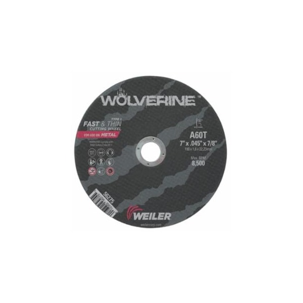Weiler Wolverine Cut-Off Wheel, Type 1, AO, 7 in dia x 7/8 in AH x 0.045 in Thick, 60T, 1 EA/EA 804-56275 - main