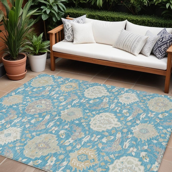 Homeroots 9' X 12' Teal Blue Gray And Ivory Damask Washable Indoor Outdoor Area Rug 599458 - main