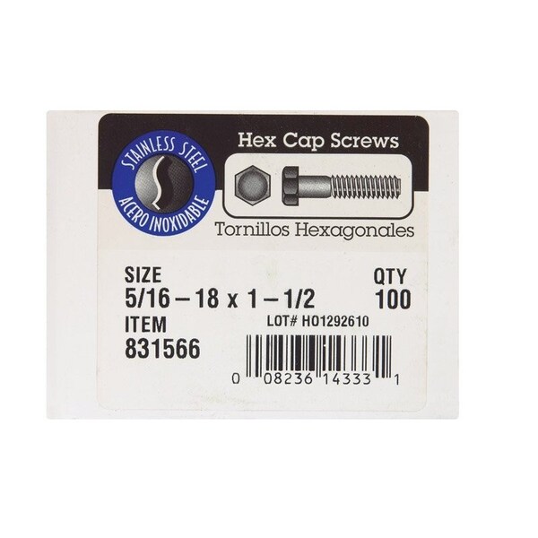 Hillman 5/16-18 in. D X 1-1/2 in. L Stainless Steel Hex Head Cap Screw, 100PK 0831566 - main