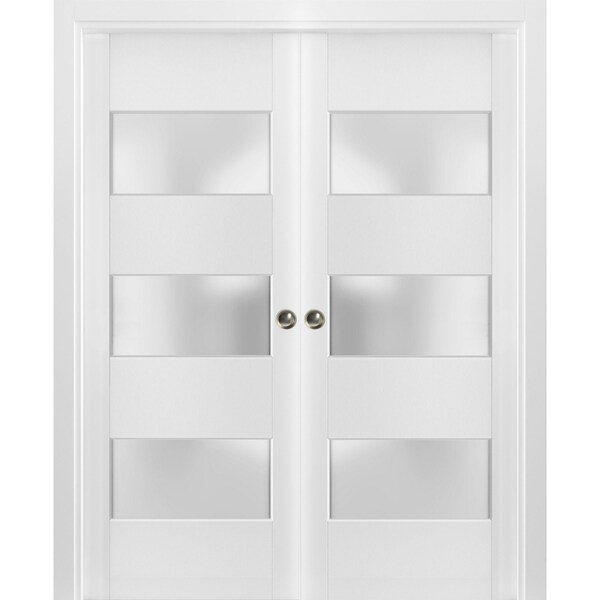 Sartodoors Sliding French Double Pocket Doors 84 x 80 inches Frosted Glass 3 Lites, Lucia 4070 White Silk, Kit LUCIA4070DP-WS-84 - main