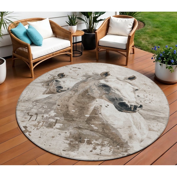 Homeroots 8' Ivory And Gray Round Horse Washable Indoor Outdoor Area Rug 618687 - main