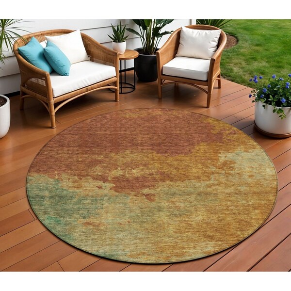 Homeroots 8' Terra Cotta Copper And Green Round Abstract Washable Indoor Outdoor Area Rug 604823 - main