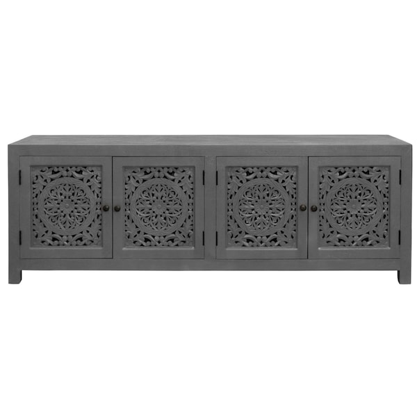 Homeroots 86" Dark Gray Carved Floral Distressed Solid Wood Enclosed Storage TV Stand 558159 - main
