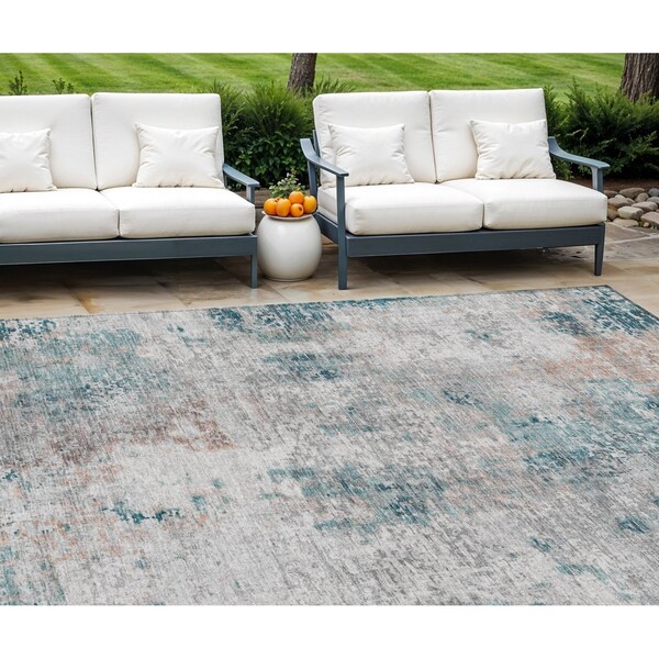 Homeroots 9' X 12' Teal Blue Beige And Copper Abstract Washable Indoor Outdoor Area Rug 587888 - main