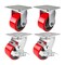 Hyw Products Heavy Duty Caster Set 4in Red Polyurethane on Cast Iron Wheels, 2 Rigid & 2 Swivel with Brake, 4PK 40-40R-A1-PC-2,40-40S-A1-PC-TB-2 (R) - alternate 1