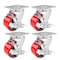 Hyw Products Heavy Duty Caster Set 4in Red Polyurethane on Cast Iron Wheels, 4 Swivel with Brake, 4PK 40-40S-A1-PC-TB-4 (R) - alternate 1