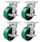 Hyw Products Heavy Duty Caster Set 6in Green Polyurethane on Cast Iron Wheels, 4 Swivel with Brake, 4PK 40-60S-A1-PC-TB-4 (G) - alternate 1
