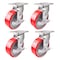 Hyw Products Heavy Duty Caster Set 6in Red Polyurethane on Cast Iron Wheels, 4 Swivel with Brake, 4PK 40-60S-A1-PC-TB-4 (R) - alternate 1