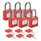 Brady Lockout Padlock, Keyed Alike, Nylon, Red, 1 in Shackle Height, 1 3/16 in Body Width, 1 No. of Keys CPPL-RED-25AL-KA6 - alternate 1