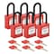 Brady Padlock, 6 Pins, Red, PK6, Keyed Alike, Nylon, Red, 1 1/2 in Shackle Height, 1 1/2 in Body Width, 6 PK SDPL-RED-38PL-KA6 - alternate 1