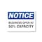 Signmission Public Safety, 7" Height, Aluminum, 10" X 7", Notice Business Open At 50% Capacity OS-NS-A-710-25462 - alternate 1