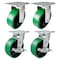 Hyw Products Heavy Duty Caster Set 6in Green Polyurethane on Cast Iron Wheels, 2 Rigid & 2 Swivel w/ Brake, 4PK 40-60R-A1-PC-2,40-60S-A1-PC-TB-2 (G) - alternate 1