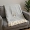 Homeroots 55" X 70" Gray White Herringbone Cotton Blend F Initial Throw Blanket with Tassels Embroidery 655529 - alternate 2