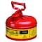Justrite Type I Safety Can, Galvanized Steel, 1 gal, Red, Self-Closing, Auto-Venting Lid, Flammables 7110100 - alternate 1