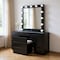 Homeroots 62" Black Wood And Glass Six Drawer Vanity Table With Mirror Seating And Lights 643652 - alternate 7