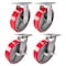 Hyw Products Heavy Duty Caster Set 8in Red Polyurethane on Cast Iron Wheels, 2 Rigid & 2 Swivel with Brake, 4PK 40-80R-A1-PC-2,40-80S-A1-PC-TB-2 (R) - alternate 1