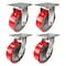 Hyw Products Heavy Duty Caster Set 6in Red Polyurethane on Cast Iron Wheels, 2 Rigid & 2 Swivel with Brake, 4PK 40-60R-A1-PC-2,40-60S-A1-PC-TB-2 (R) - alternate 1