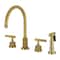 Kingston Brass Double-Handle Widespread Kitchen Faucet with Knurled Handle and Brass Sprayer, Brushed Brass KS8727KNLBS - alternate 1