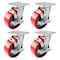 Hyw Products Heavy Duty Caster Set 5in Red Polyurethane on Cast Iron Wheels, 4 Swivel with Brake, 4PK 40-50S-A1-PC-TB-4 (R) - alternate 1