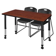 REGENCY Regency Kee 48 x 24 in. Mobile Adjustable Classroom Table- Cherry & 2 Zeng Stack Chairs- Black MT4824CHAPCBK44BK