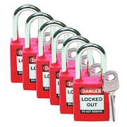Brady Lockout Padlock, Keyed Different, Nylon, Standard Body Size, 1-3/4 in H, Red, Pack of 6 51339