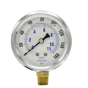 Pic Gauges Pressure Gauge, 0 to 160 psi, 1/4 in MNPT, Stainless Steel, Silver PRO-201L-254F