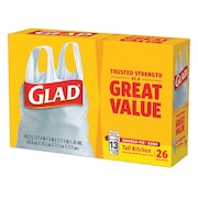 Glad 13 gal Trash Bags, 28 in x 28 in, Extra Heavy-Duty, 0.85 mil, White, 26 PK 70036
