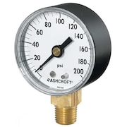 Ashcroft Pressure Gauge, 0 to 30 psi, 1/4 in MNPT, Plastic, Black 25W1005PH02L30#