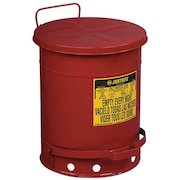 Justrite Oily Waste Can, 10 Gallon Capacity, Galvanized Steel, Red, Foot Operated Self Closing 09300