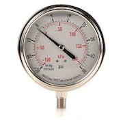 Zoro Select Compound Gauge, -30 to 0 to 30 in Hg/psi, 1/4 in MNPT, Stainless Steel, Silver 4CFJ6