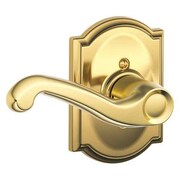 SCHLAGE Bright Brass Dummy Lever Lockset, Flair/Camelot, Left Hand F170 FLA 605 CAM LH