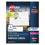 Avery Avery® WeatherProof™ Mailing Labels with TrueBlock® Technology for Laser Printers 5522, 1-1/3" x 4", Box of 700 727825522